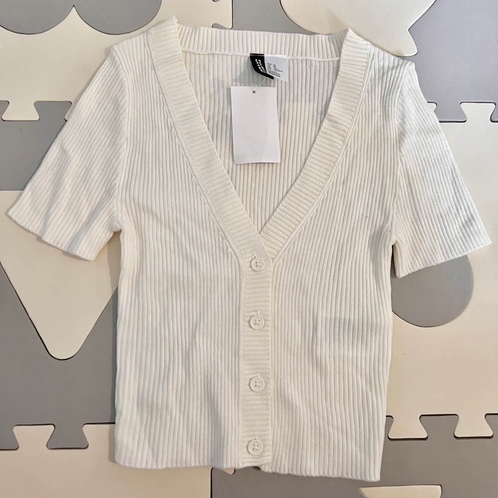 Fitted Rib-knit Top Button Front V Neck Crop Cardigan - Picture 8 of 9